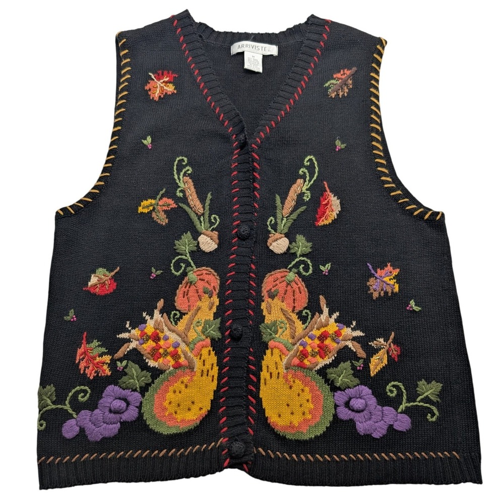Arriviste Harvest Embroidered Sweater Vest Women M Black Autumn Pumpkin Gourd